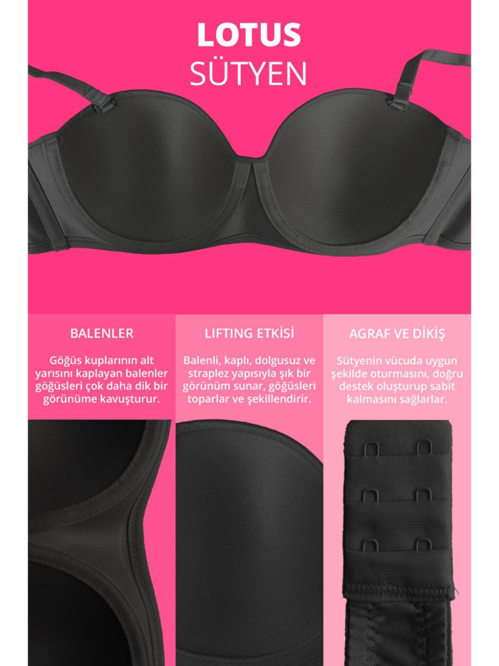 Siyah Balenli Toparlayıcı Dolgusuz Straplez Lotus Sütyen-1