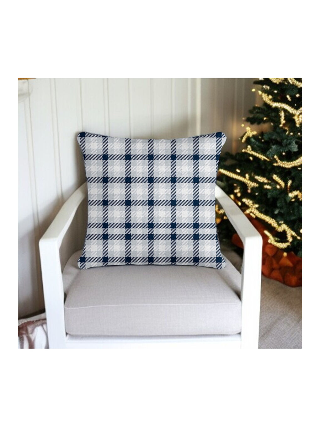 Mavi Yılbaşı Temalı  Lacivert Beyaz Ekose Desenli Dekoratif  Kırlent Kılıfı - Lacivert 43x43-1