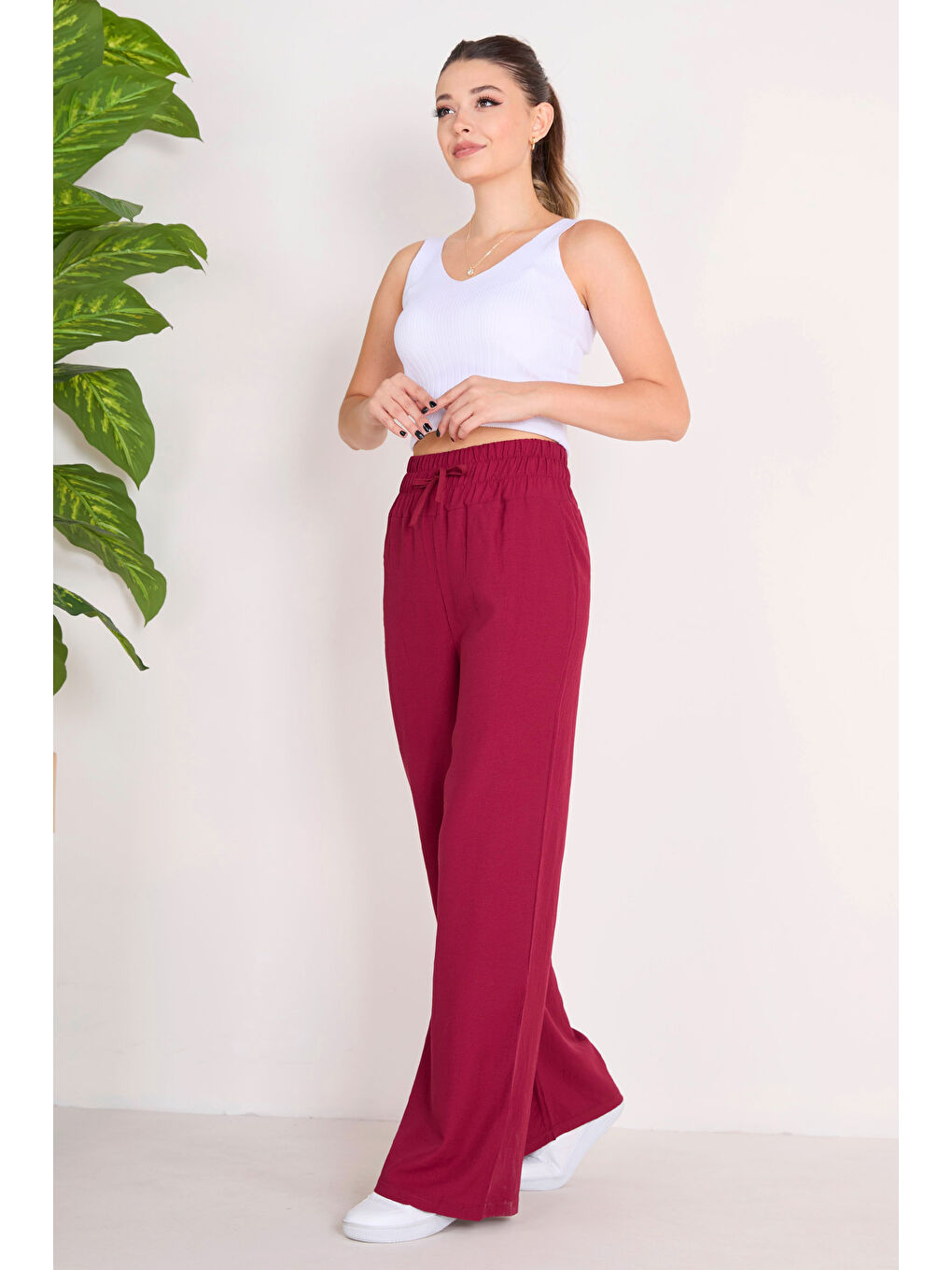 Beli Lastikli Pantolon Bordo - 27074