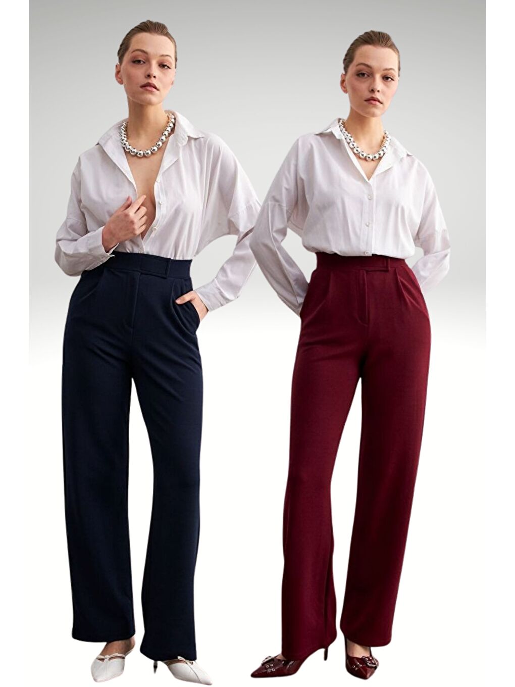 Lacivert 2Li Set Laci-Bordo Elastanlı Cırt Kapamalı Palazzo Pantolon