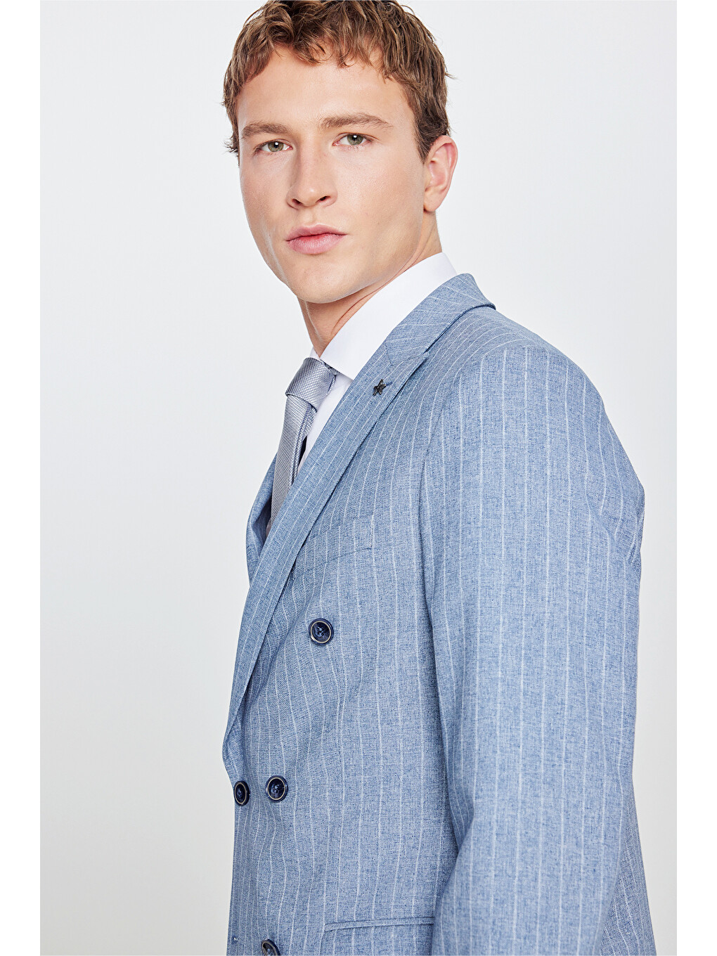 Erkek Mavi Slim Fit Dar Kesim Kırlangıç Yaka Beli Gizli Lastikli Kapak Cepli Çizgili Kruvaze Takım-3