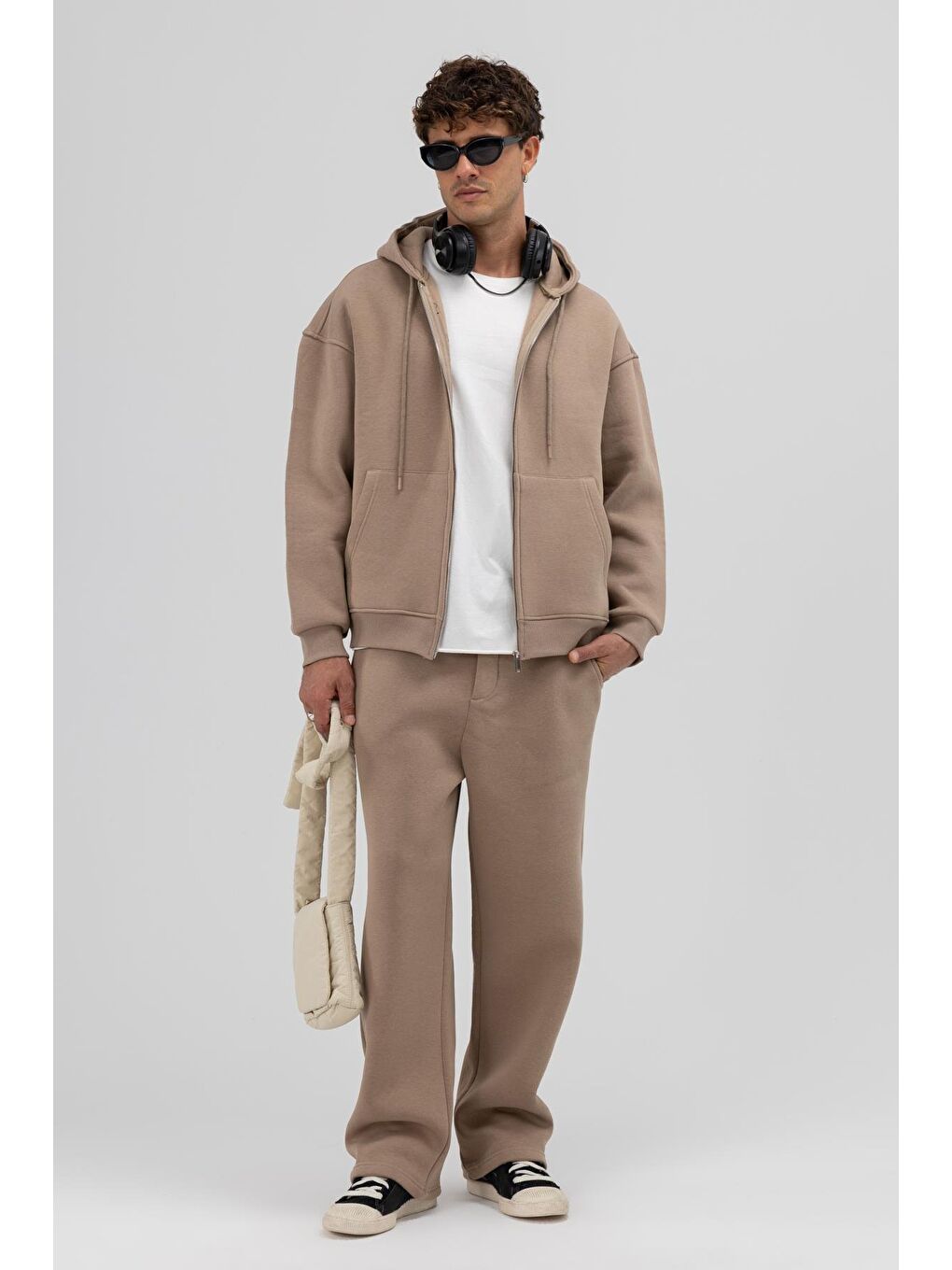 Bej Basic Fermuarlı Oversize Kapüşonlu Sweatshirt Vizon