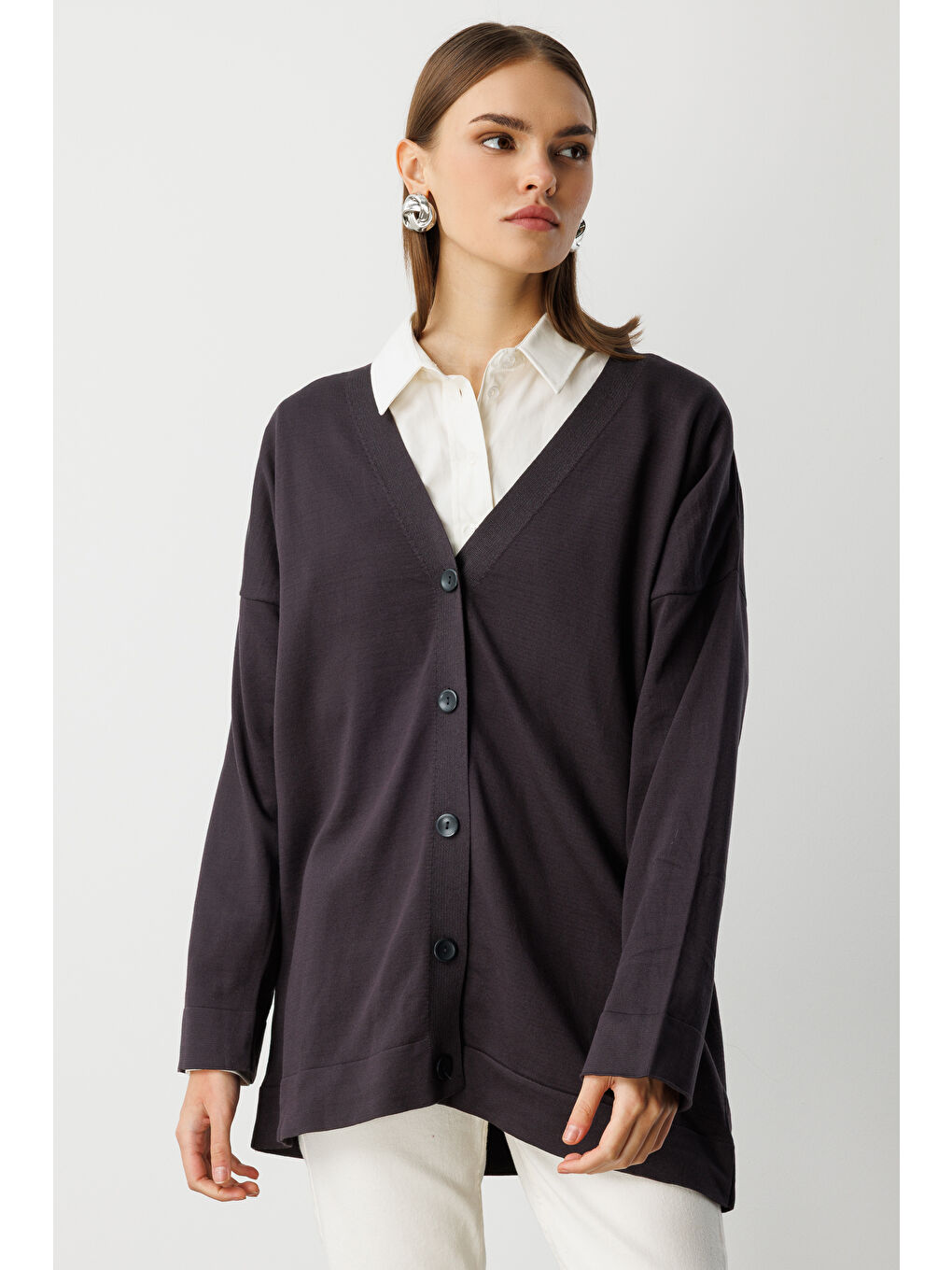 Ekstra Oversize Düşük Kol Basic Antrasit İnce Triko Hırka-1