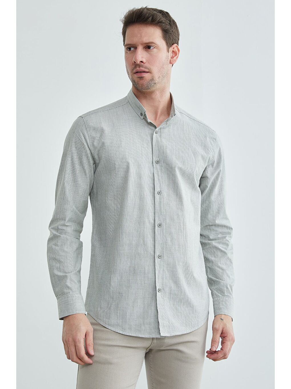 Haki Düz Düğmeli Yaka Erkek Gömlek-1