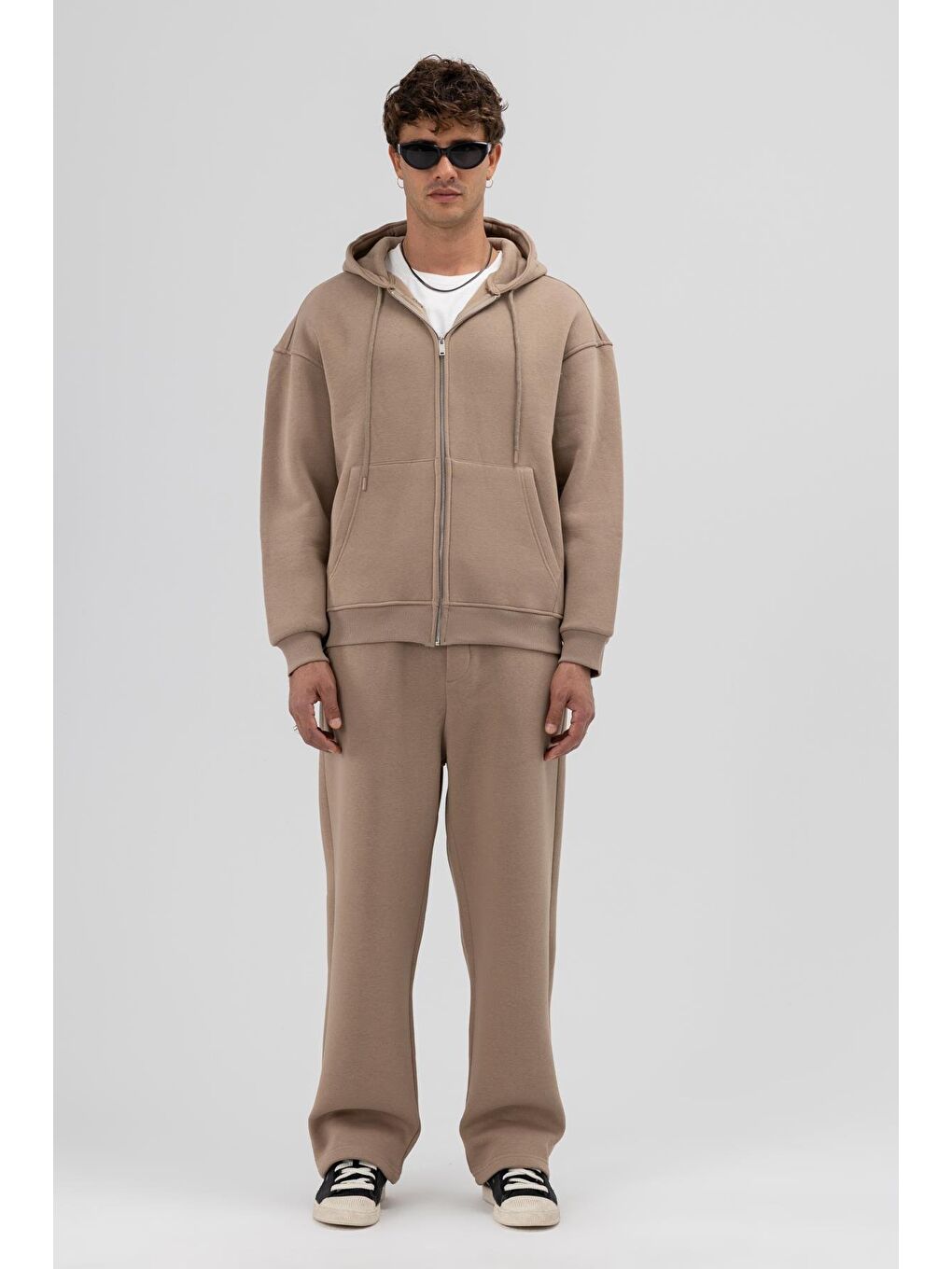 Bej Basic Fermuarlı Oversize Kapüşonlu Sweatshirt Vizon-1