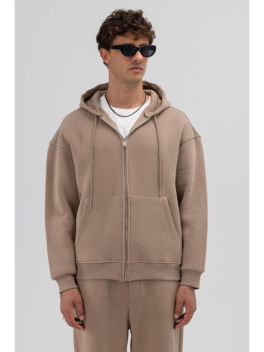 Bej Basic Fermuarlı Oversize Kapüşonlu Sweatshirt Vizon-2
