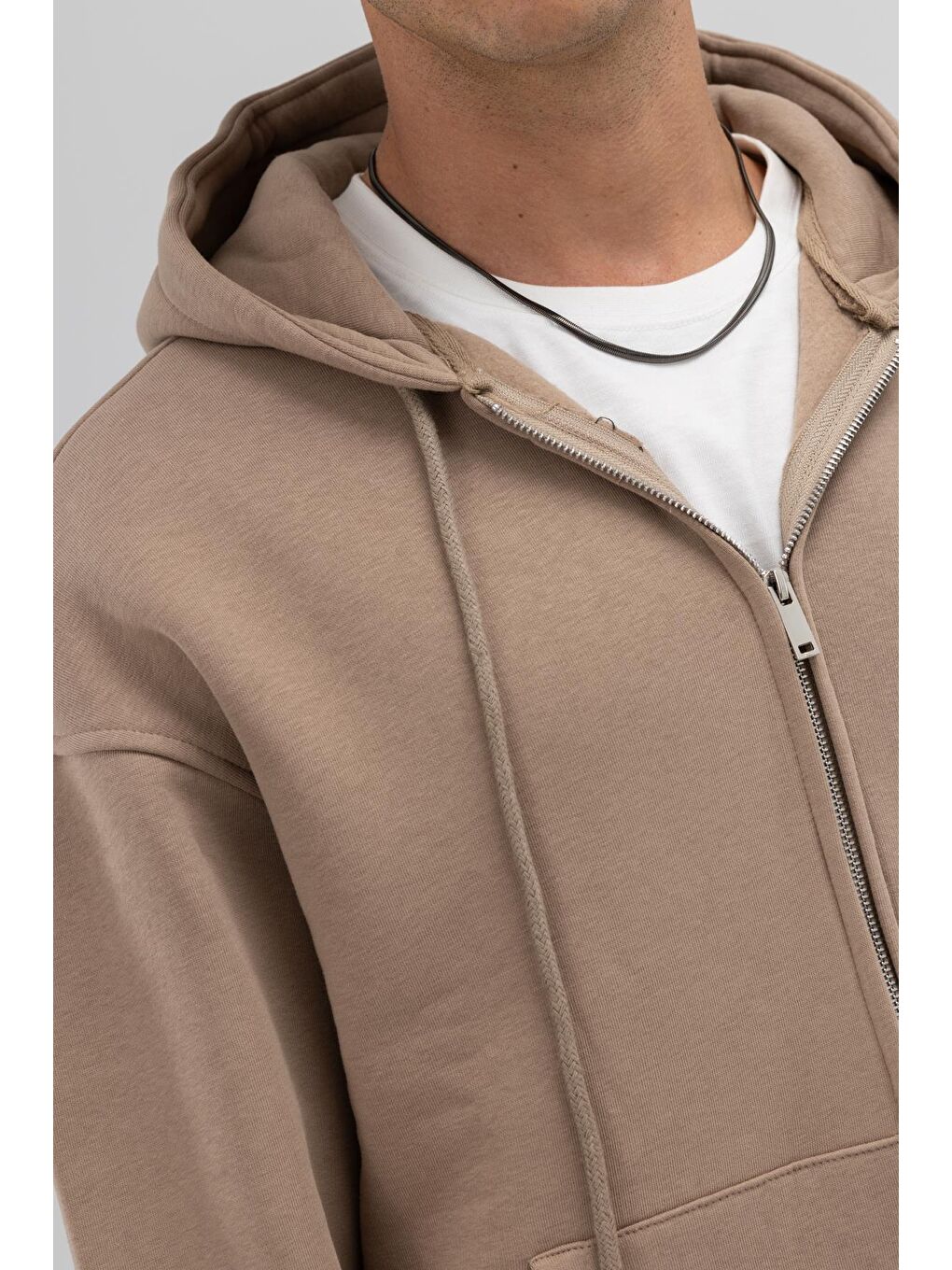 Bej Basic Fermuarlı Oversize Kapüşonlu Sweatshirt Vizon-3