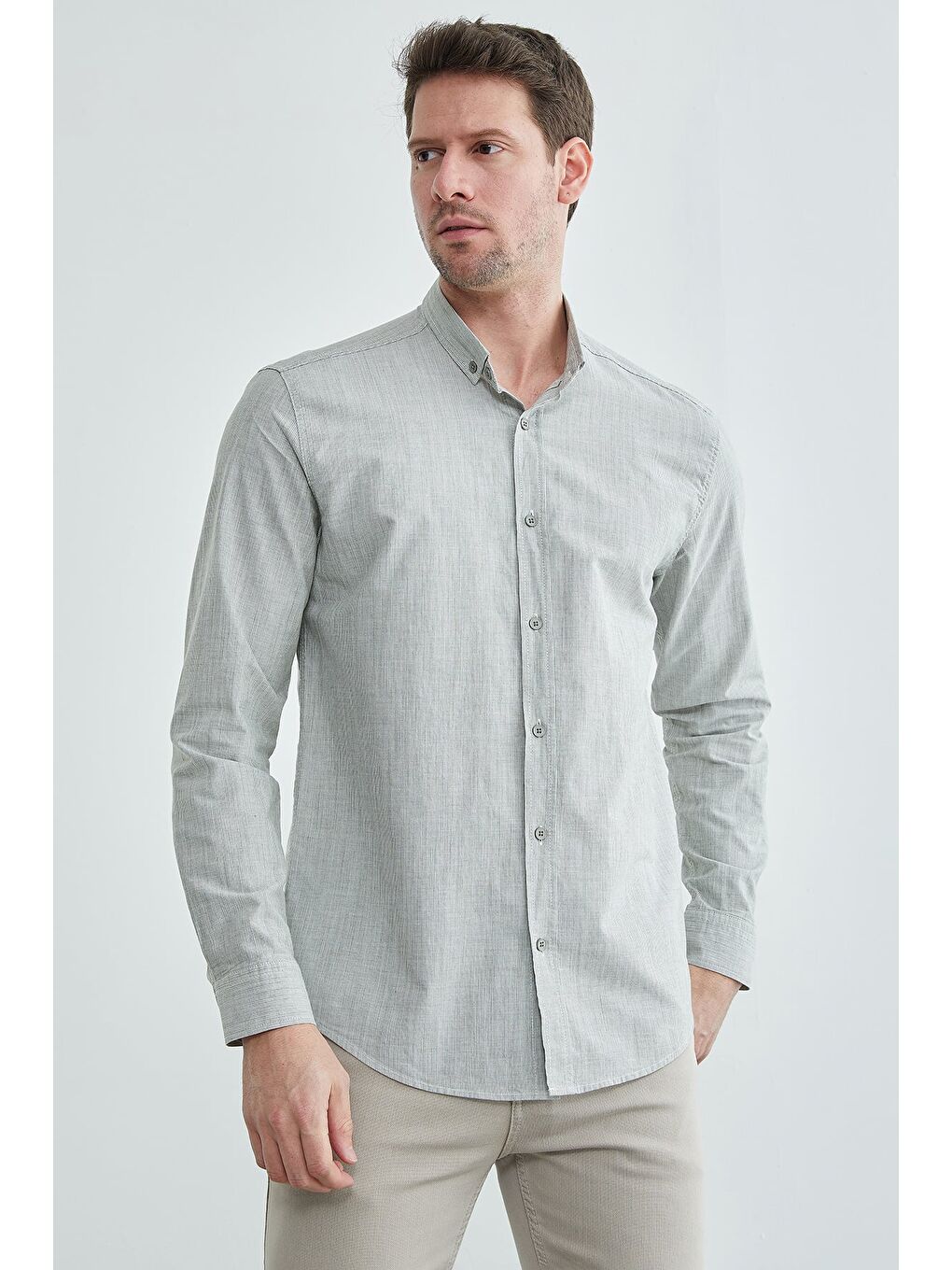 Haki Düz Düğmeli Yaka Erkek Gömlek-3