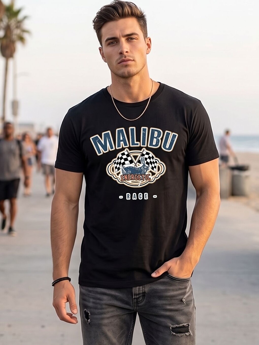 Bordo Erkek Siyah Malibu Baskı Detay %100 Organik Pamuk Örme Tişört