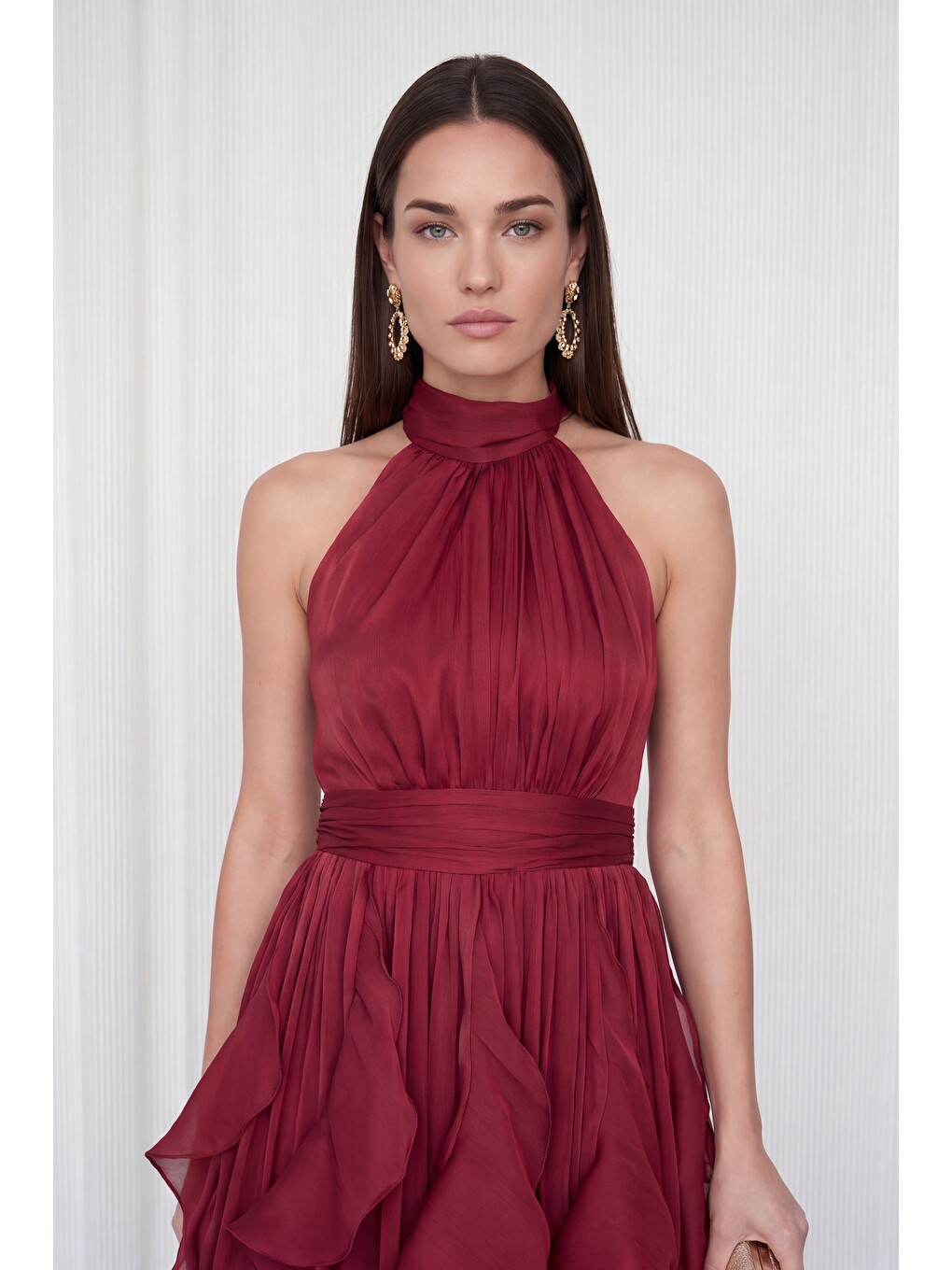 Kadın Bordo Halter Yaka Volanlı Mini Mezuniyet Elbise-2