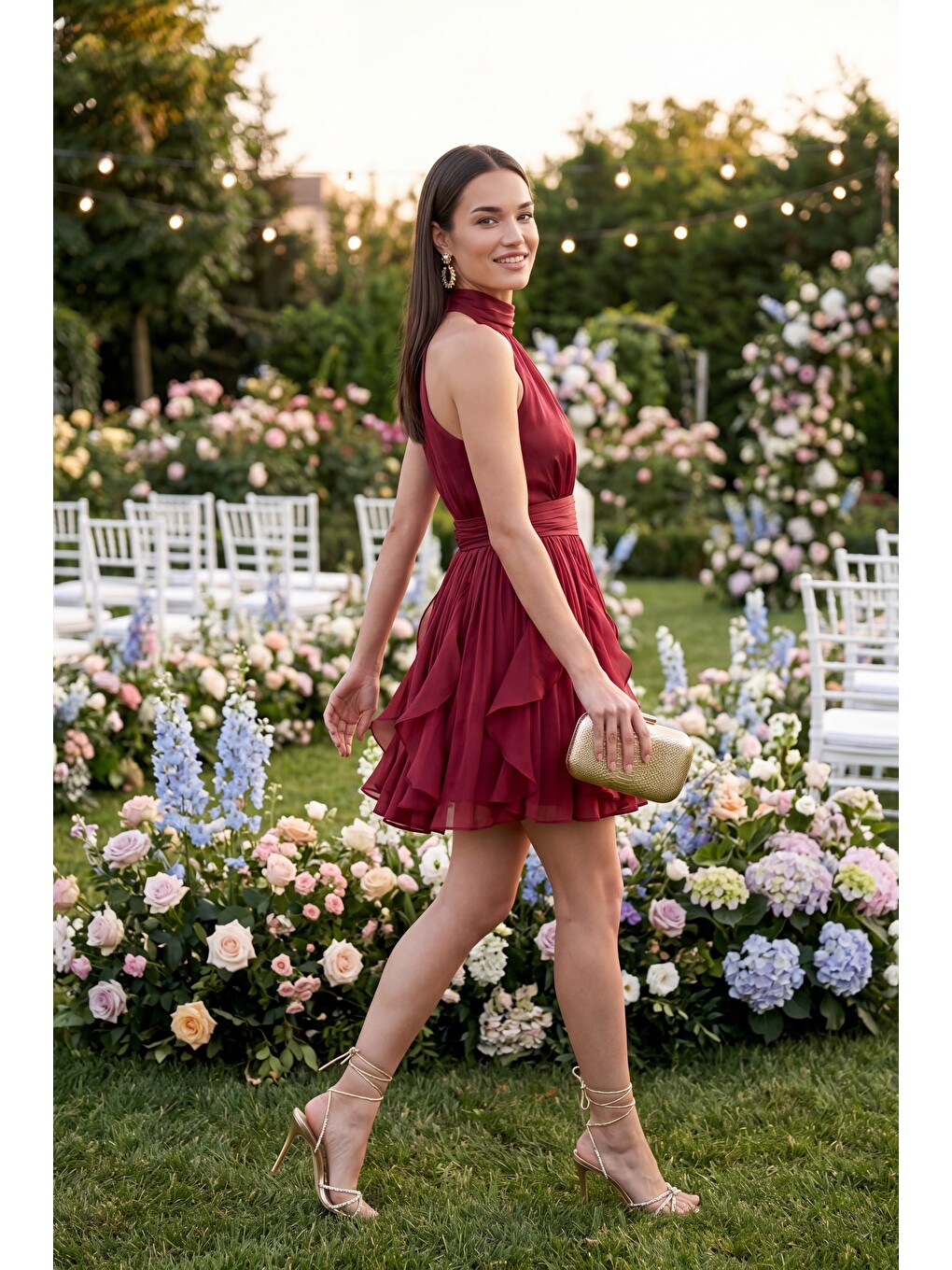 Kadın Bordo Halter Yaka Volanlı Mini Mezuniyet Elbise-3