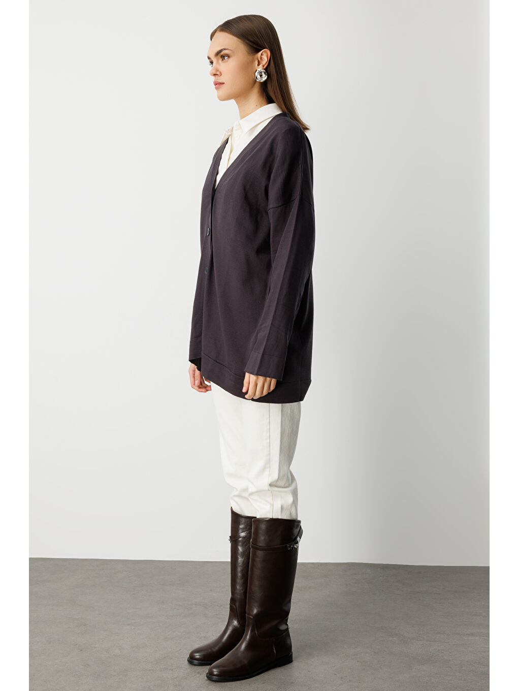 Ekstra Oversize Düşük Kol Basic Antrasit İnce Triko Hırka-2