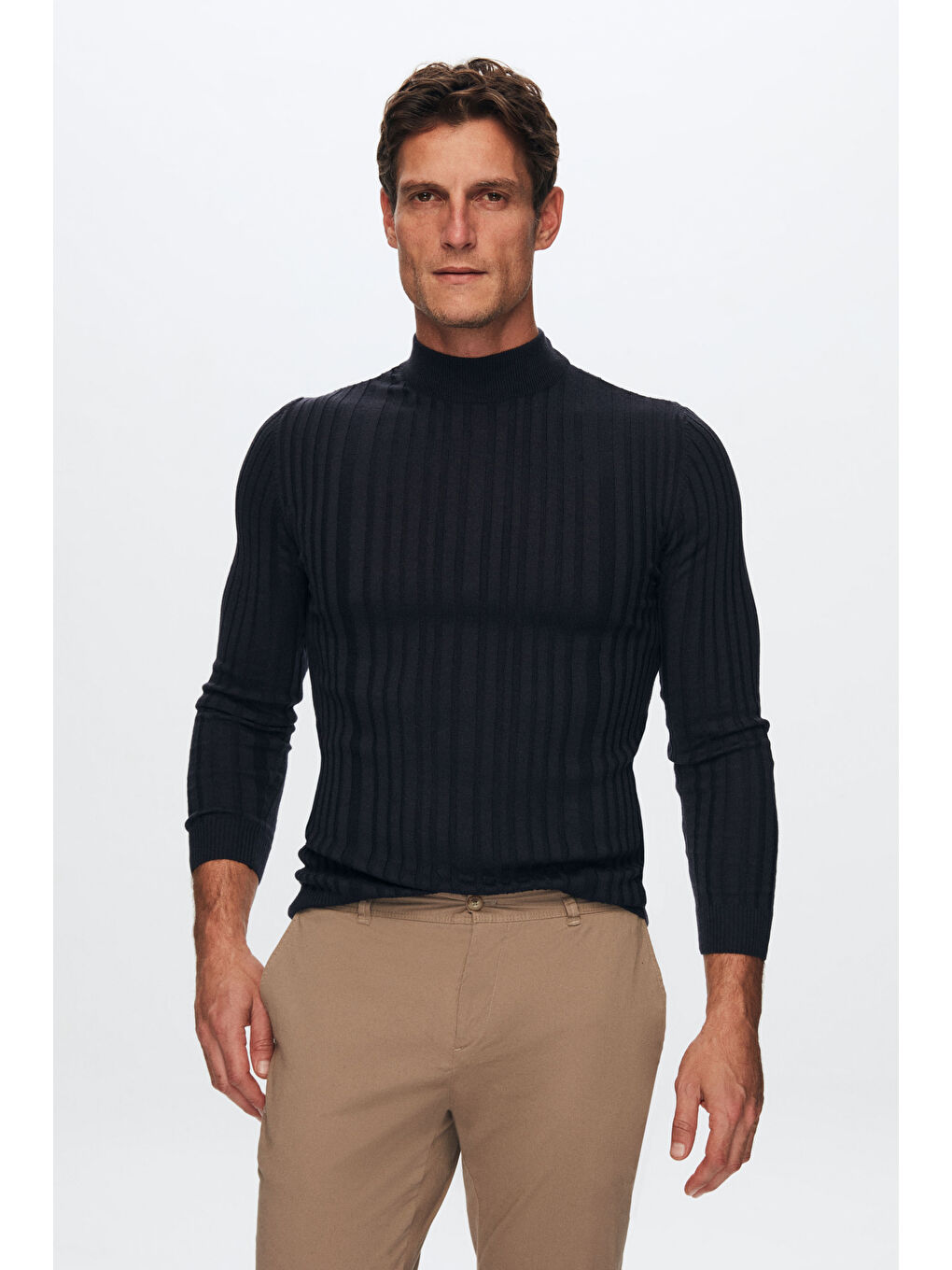 Slim Fit Lacivert Fitilli Fitilli Pamuk Yarım Balıkçı Triko Kazak