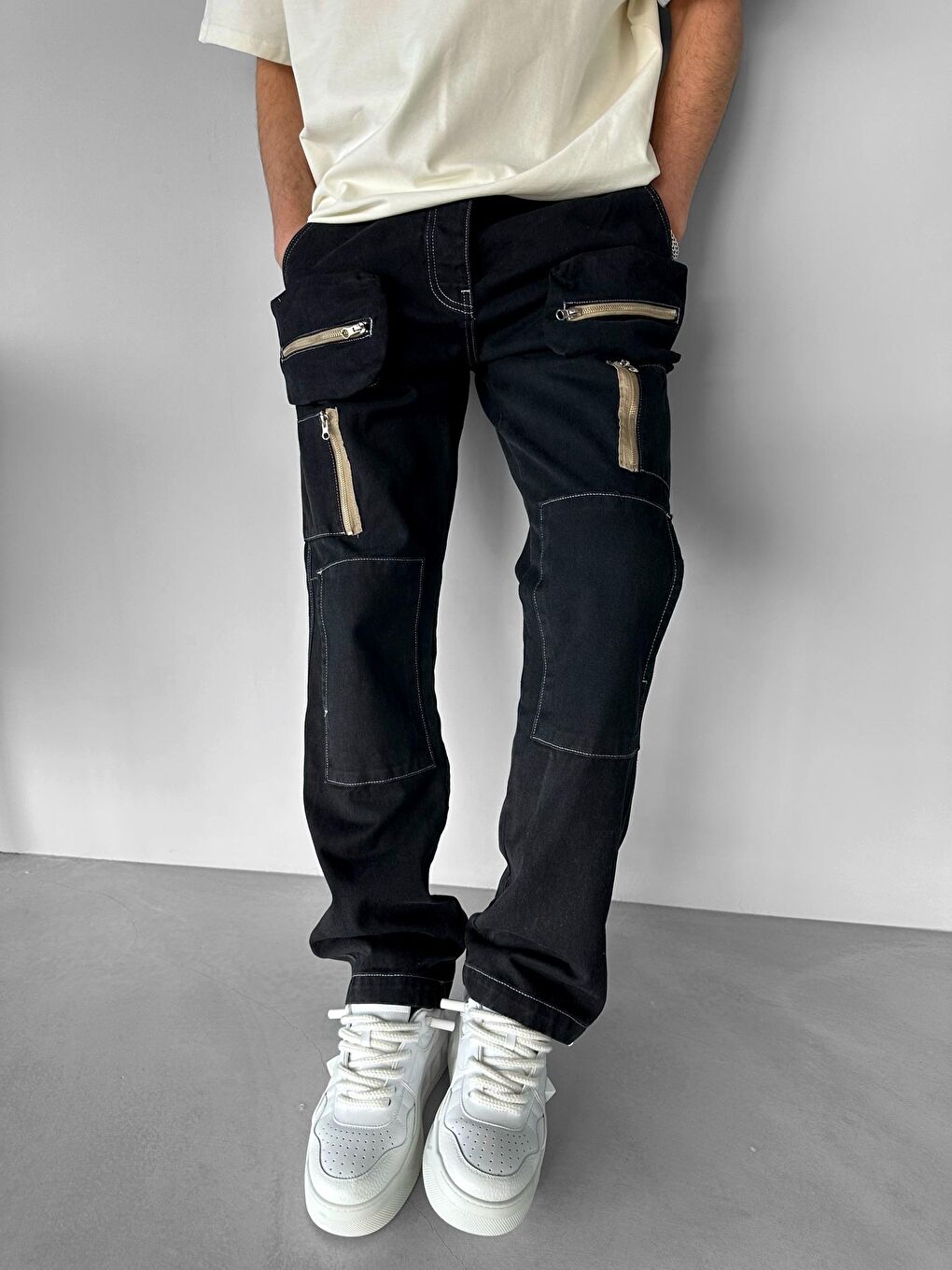 Erkek Çok Cepli Loose Fit Jean Siyah