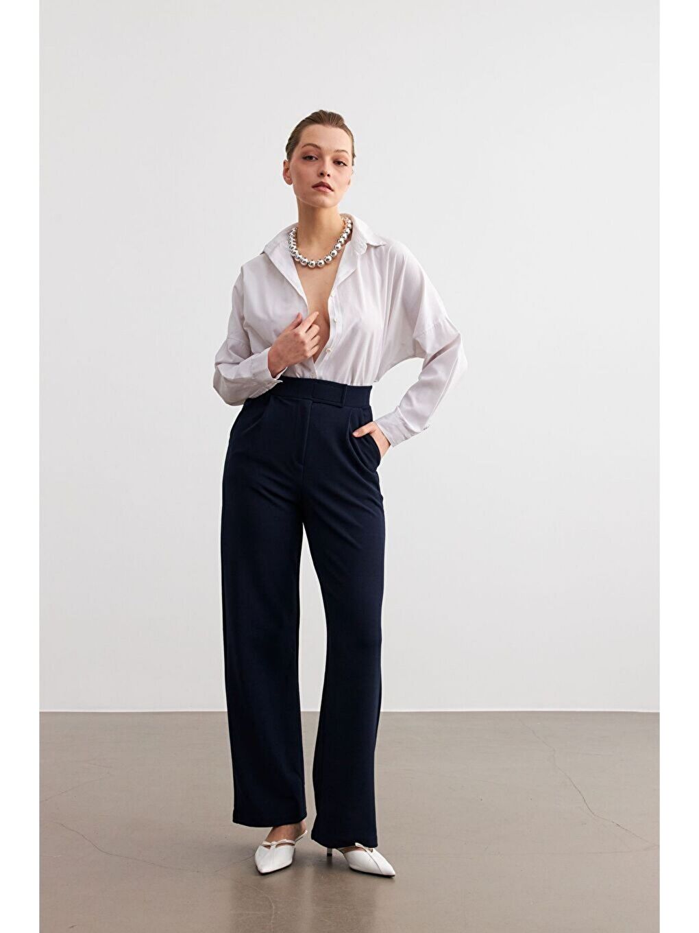 Lacivert 2Li Set Laci-Bordo Elastanlı Cırt Kapamalı Palazzo Pantolon-2