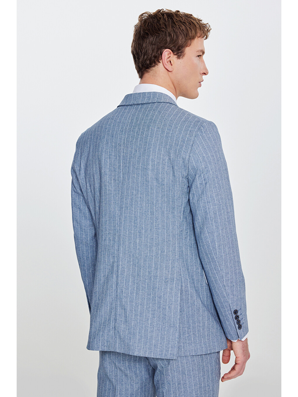 Erkek Mavi Slim Fit Dar Kesim Kırlangıç Yaka Beli Gizli Lastikli Kapak Cepli Çizgili Kruvaze Takım-4