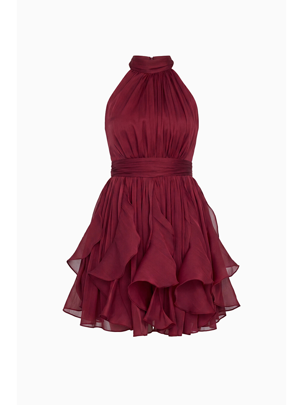 Kadın Bordo Halter Yaka Volanlı Mini Mezuniyet Elbise-5