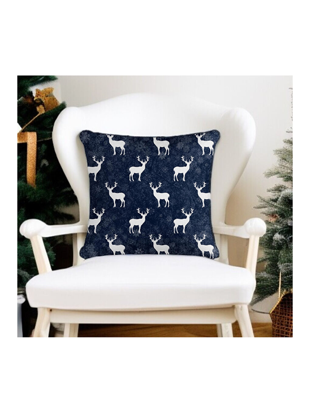 Yılbaşı Temalı Ren Geyiği Kar Tanesi Desenli Kırlent Kılıfı - Lacivert 43x43-1