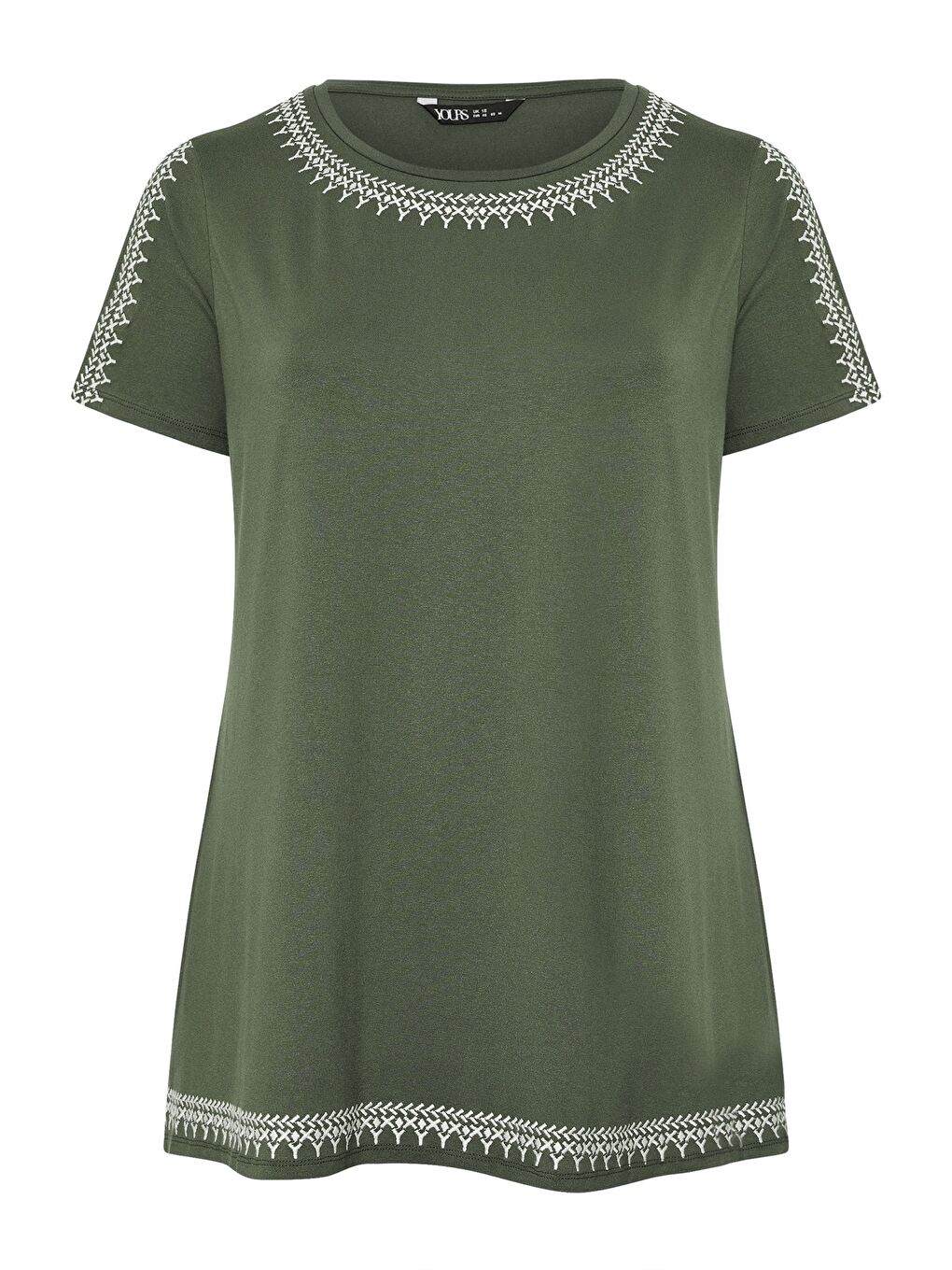 Yeşil Büyük Beden Bisiklet Yaka Kısa Kollu Omuz Detaylı Etnik Nakışlı T-shirt 304228-6