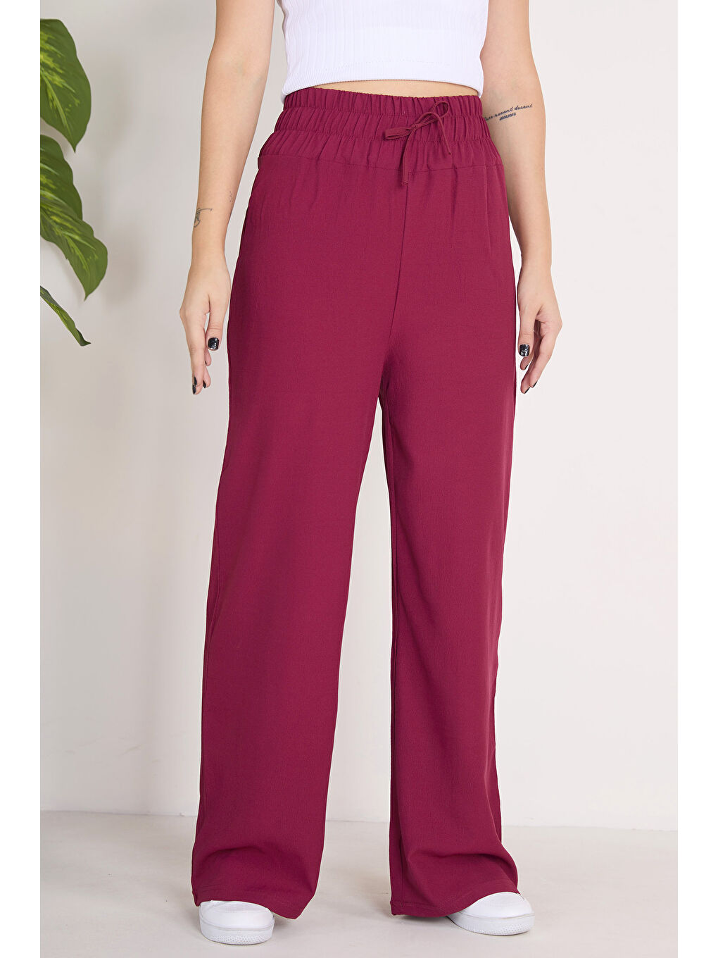 Beli Lastikli Pantolon Bordo - 27074-2
