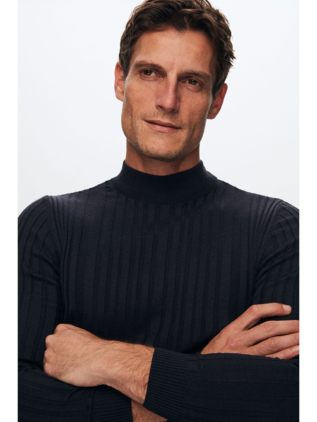 Slim Fit Lacivert Fitilli Fitilli Pamuk Yarım Balıkçı Triko Kazak-1