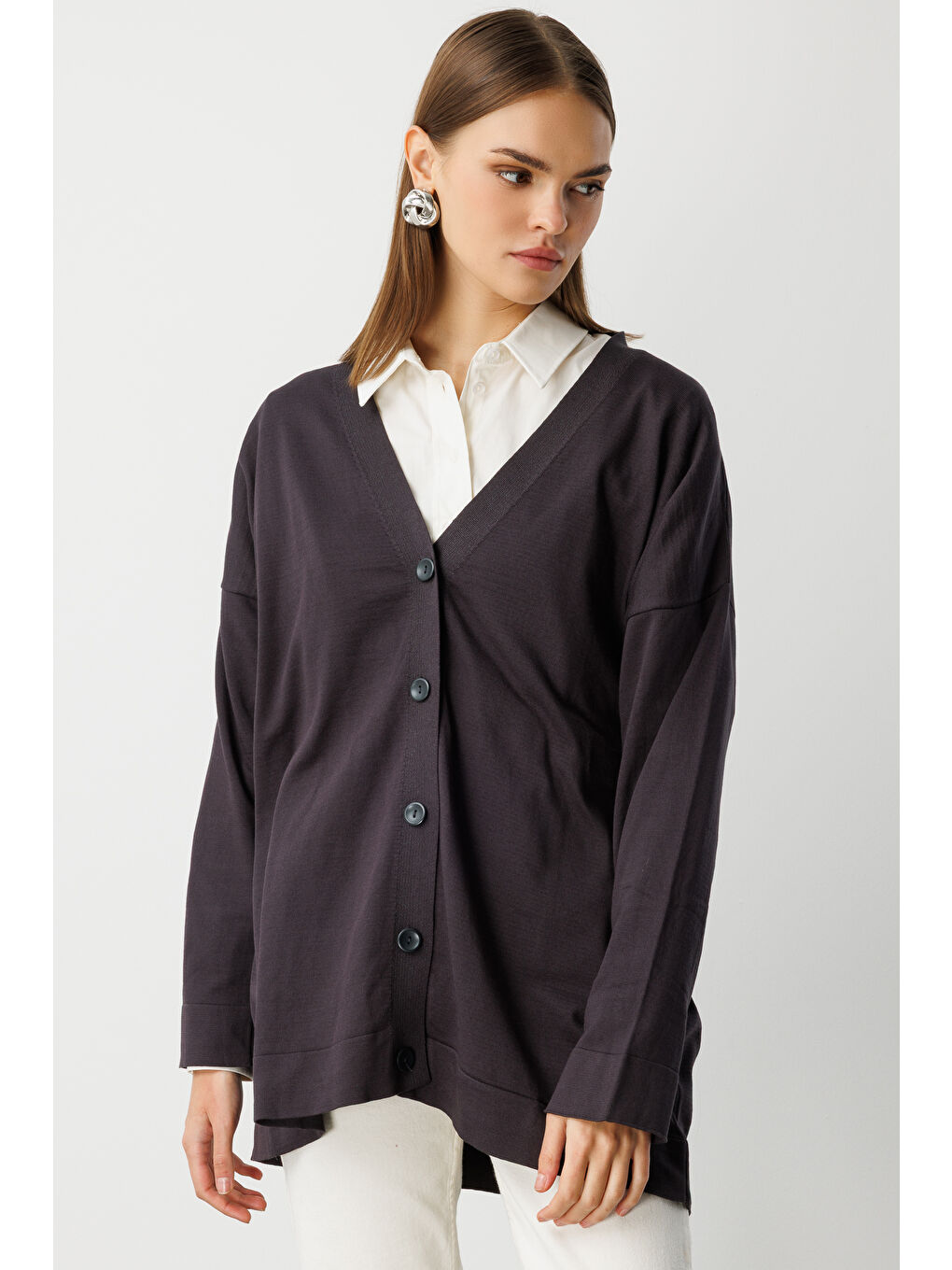 Ekstra Oversize Düşük Kol Basic Antrasit İnce Triko Hırka-3