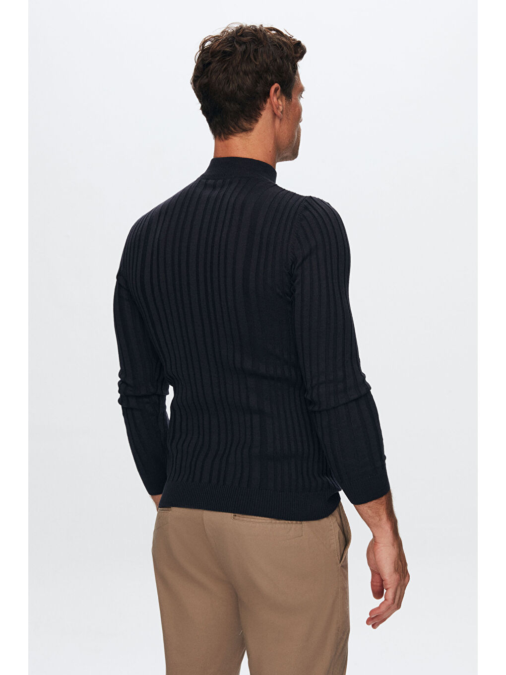 Slim Fit Lacivert Fitilli Fitilli Pamuk Yarım Balıkçı Triko Kazak-2