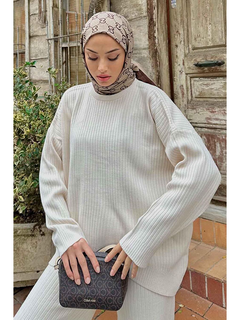 Tabata Fitilli Tesettür Takım Ekru-2