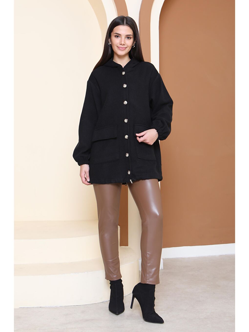 Çift Cepli Bileği Lastikli Kaşe Mont Siyah - 27917-SIYAH-1