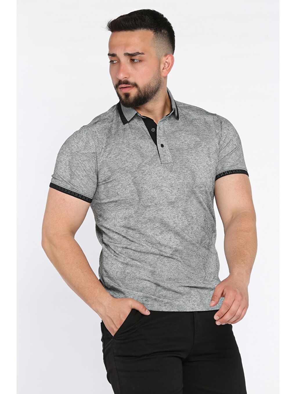 Siyah Polo Yaka Erkek Yarım Düğmeli Tişört