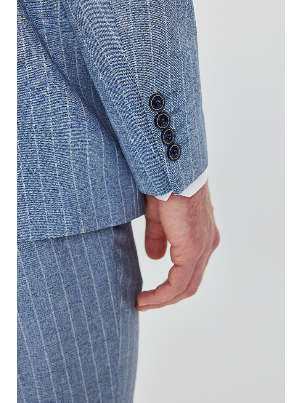 Erkek Mavi Slim Fit Dar Kesim Kırlangıç Yaka Beli Gizli Lastikli Kapak Cepli Çizgili Kruvaze Takım-5