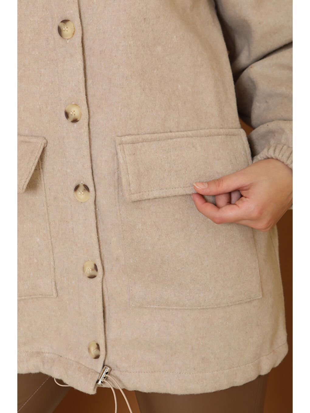 Çift Cepli Bileği Lastikli Kaşe Mont Bej - 27917-BEJ-3