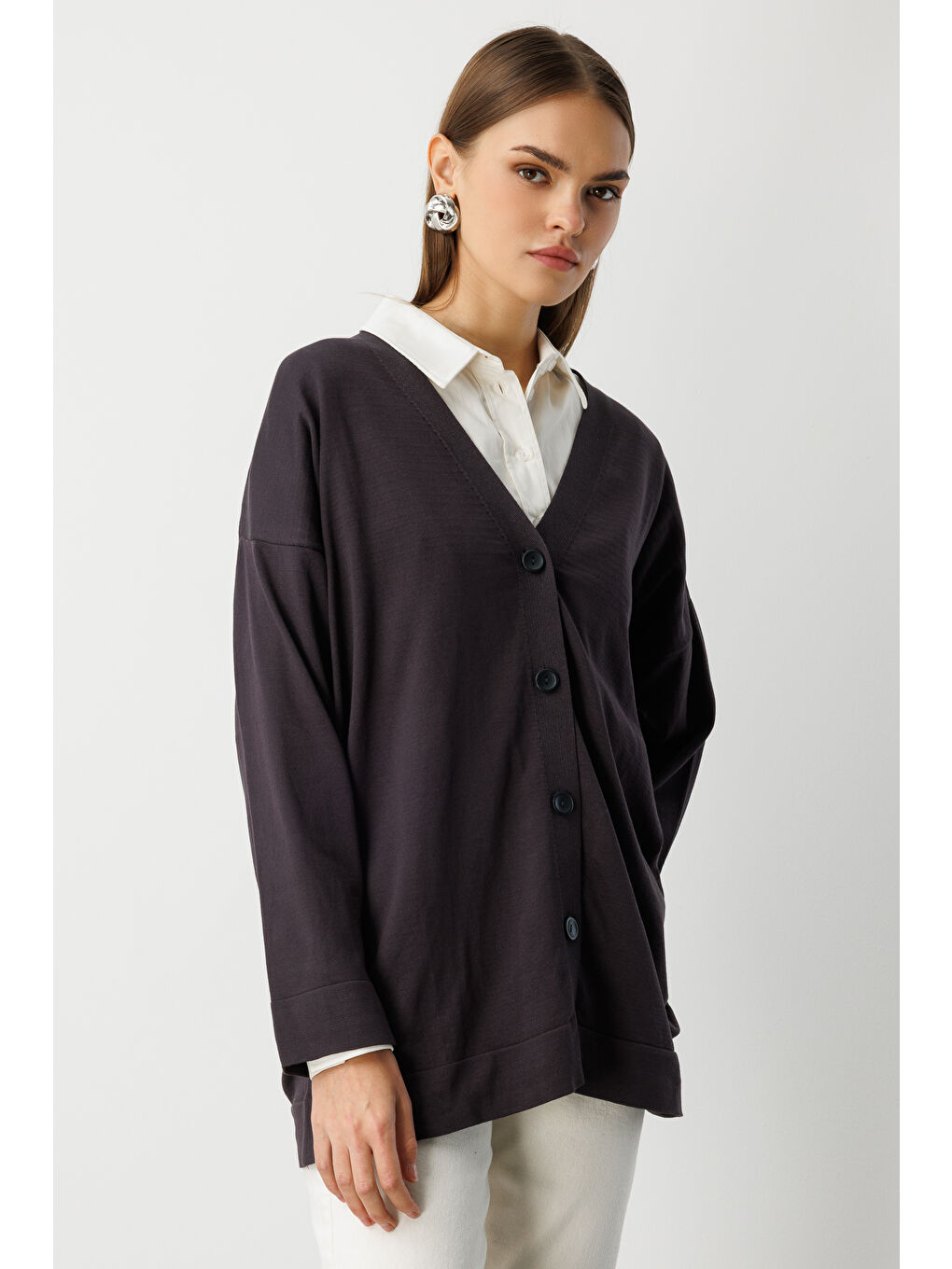 Ekstra Oversize Düşük Kol Basic Antrasit İnce Triko Hırka-4