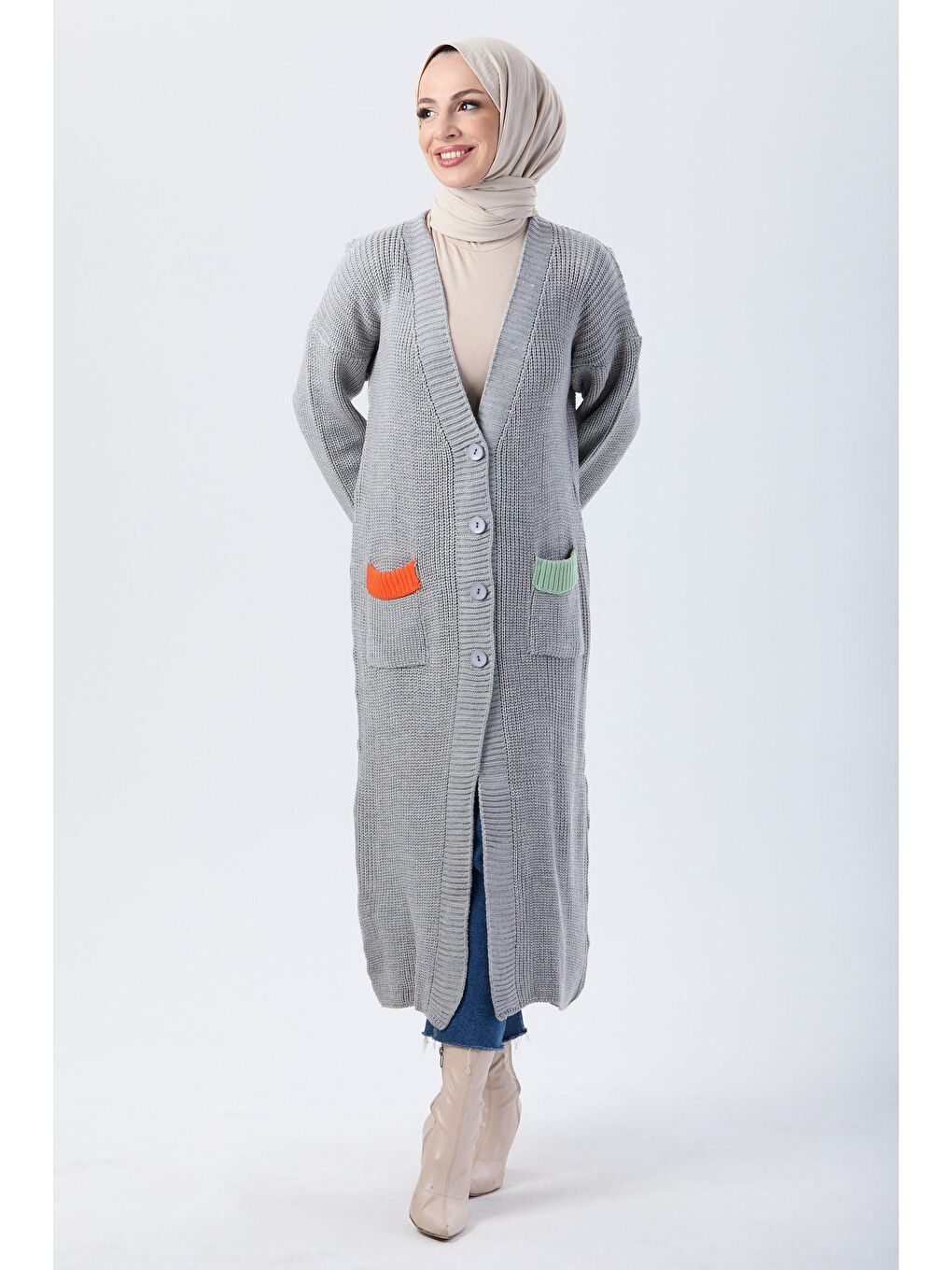 Ceket Yaka Kadın Gri Triko Hırka - 24006