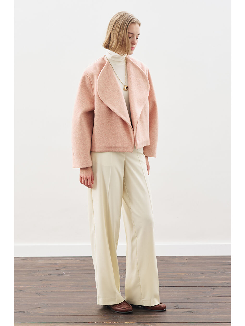 Pembe Yünlü Kısa Ceket Şeftali-4