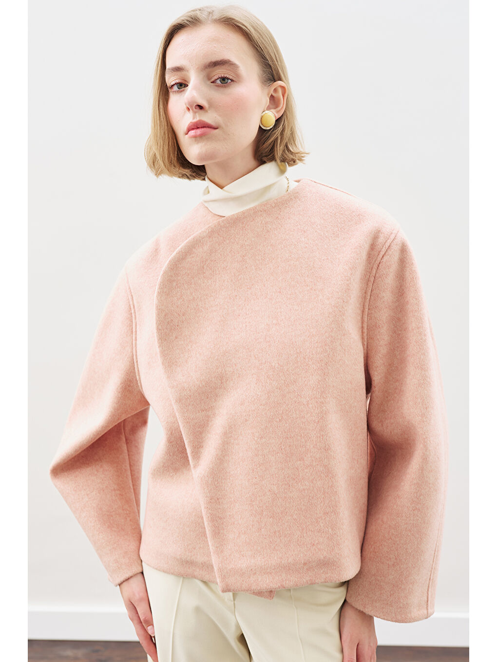 Pembe Yünlü Kısa Ceket Şeftali-5