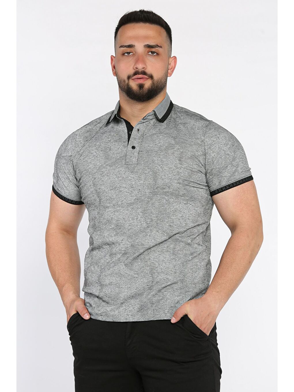 Siyah Polo Yaka Erkek Yarım Düğmeli Tişört-1