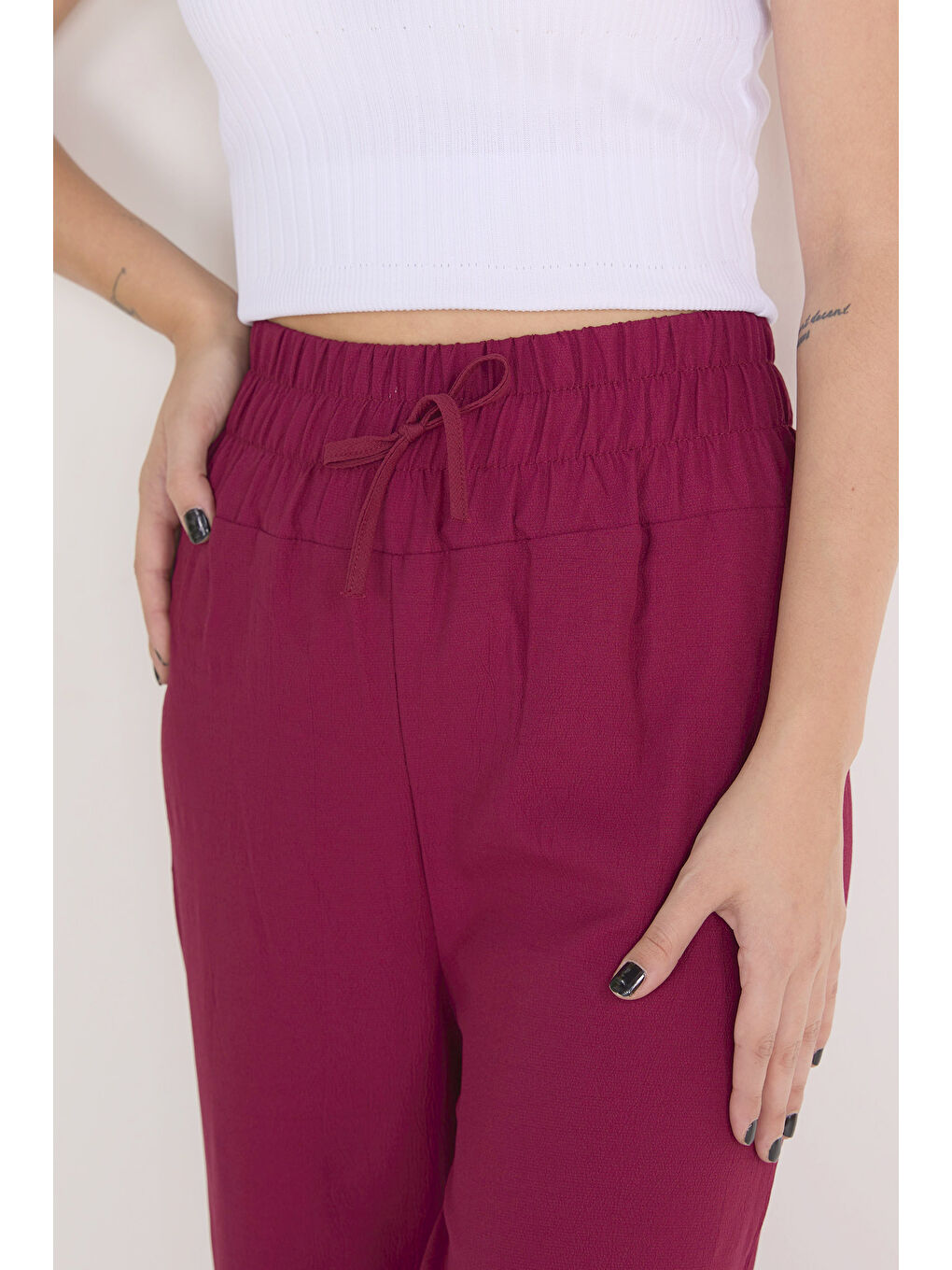 Beli Lastikli Pantolon Bordo - 27074-5