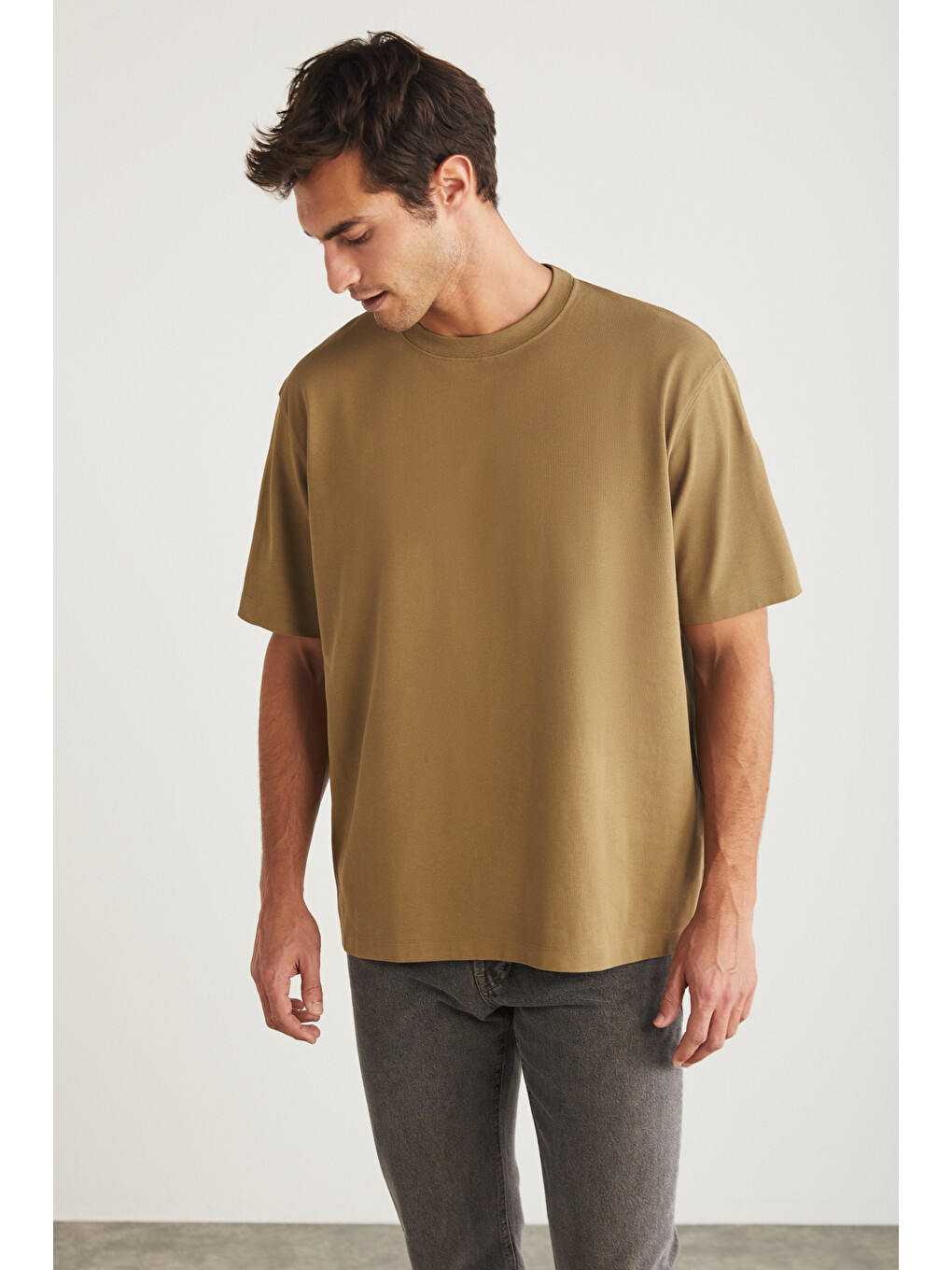 Kahverengi Blas Erkek Basic Oversize %100 Pamuklu Organik Pamuklu Örme Bisiklet Yaka Camel T-shirt-3