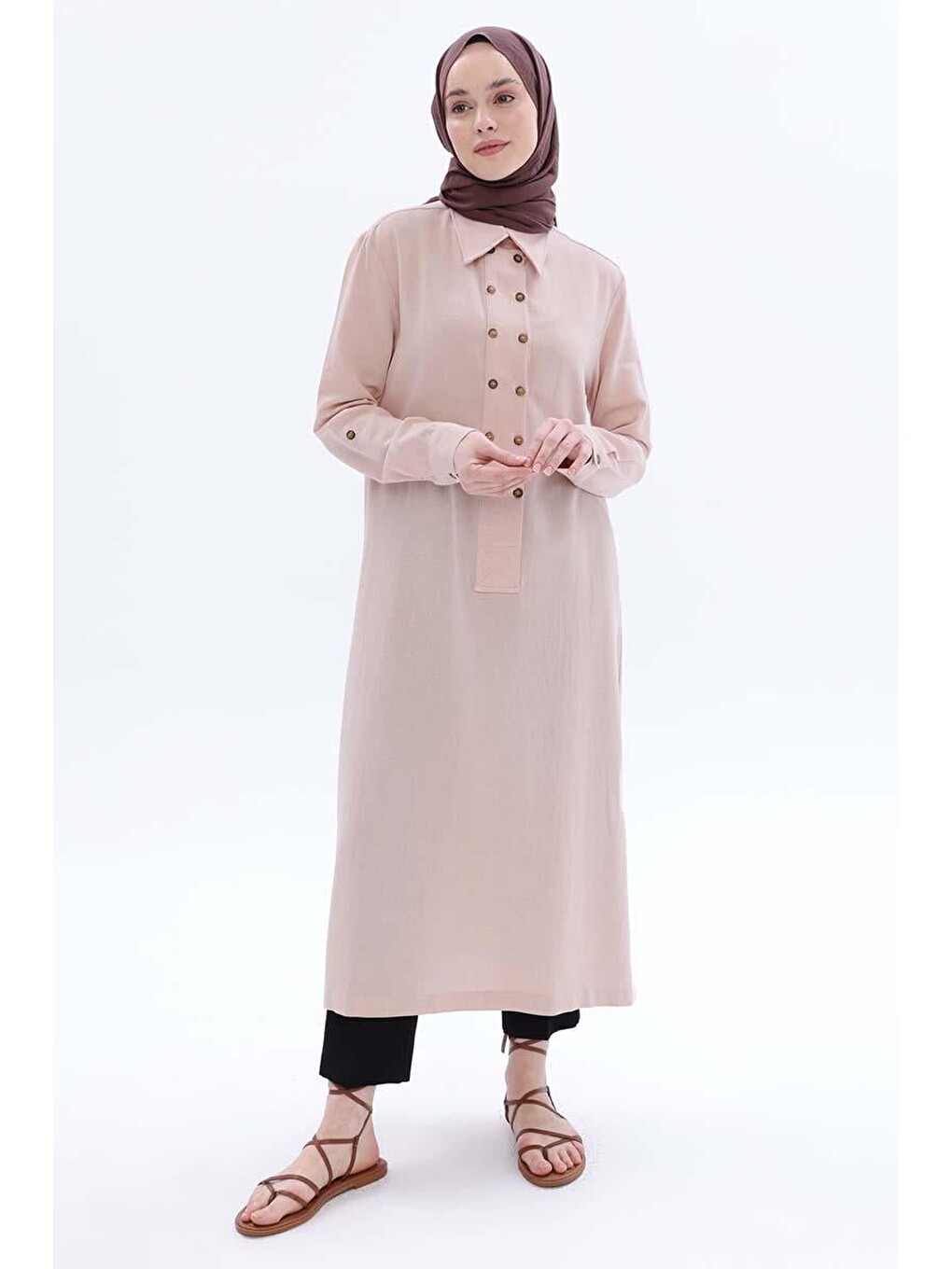 Pembe Açık Somon-çift Düğmeli Keten Tunik