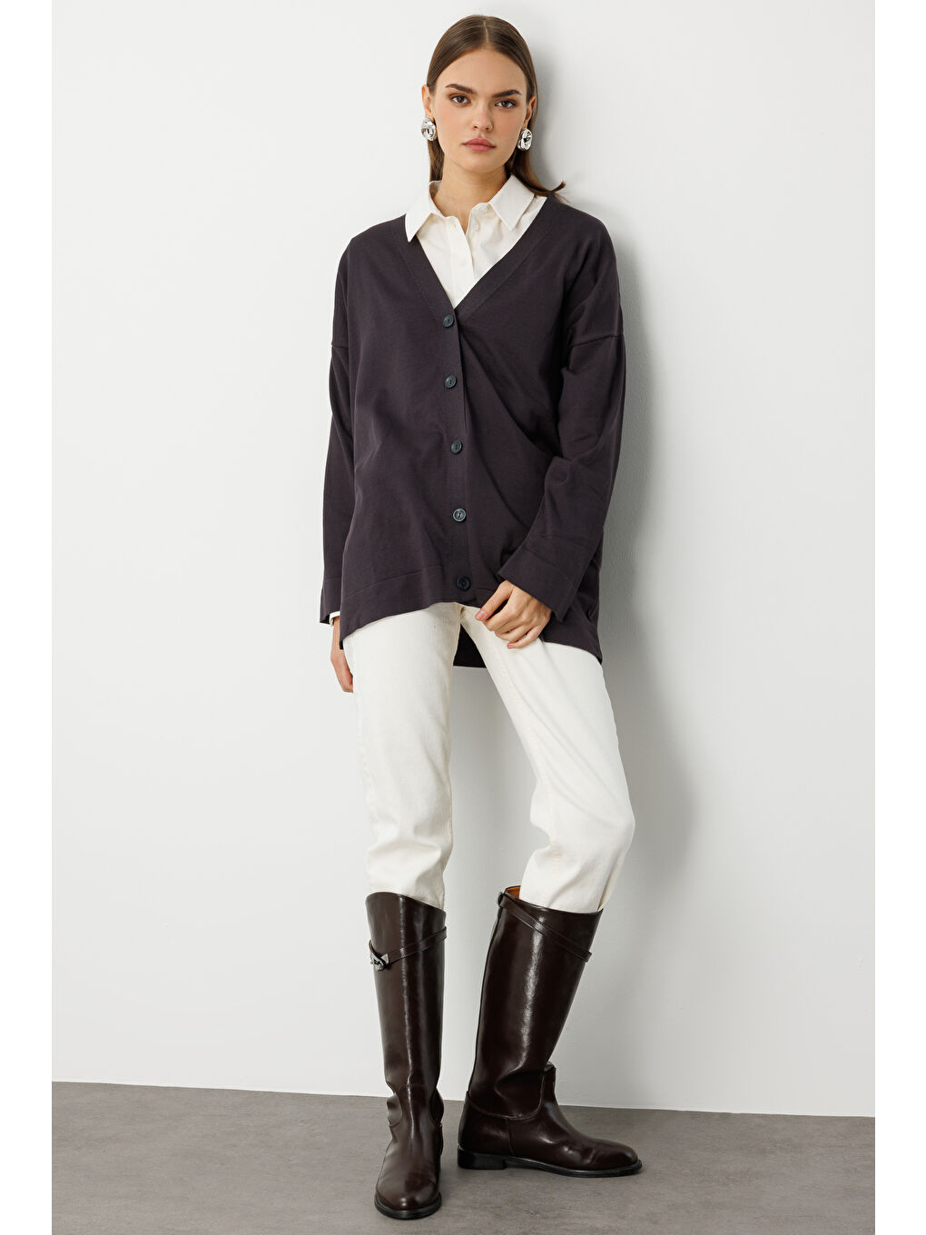 Ekstra Oversize Düşük Kol Basic Antrasit İnce Triko Hırka-5