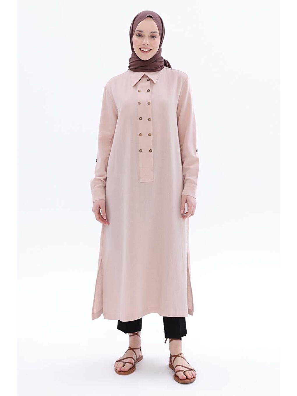 Pembe Açık Somon-çift Düğmeli Keten Tunik-1