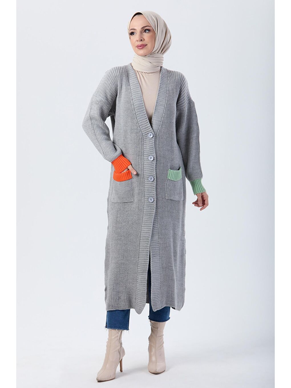 Ceket Yaka Kadın Gri Triko Hırka - 24006-1