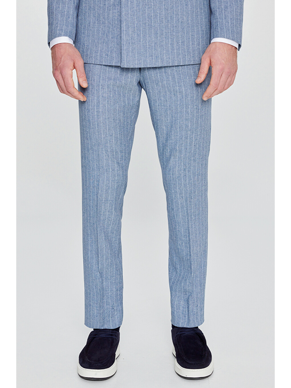 Erkek Mavi Slim Fit Dar Kesim Kırlangıç Yaka Beli Gizli Lastikli Kapak Cepli Çizgili Kruvaze Takım-6