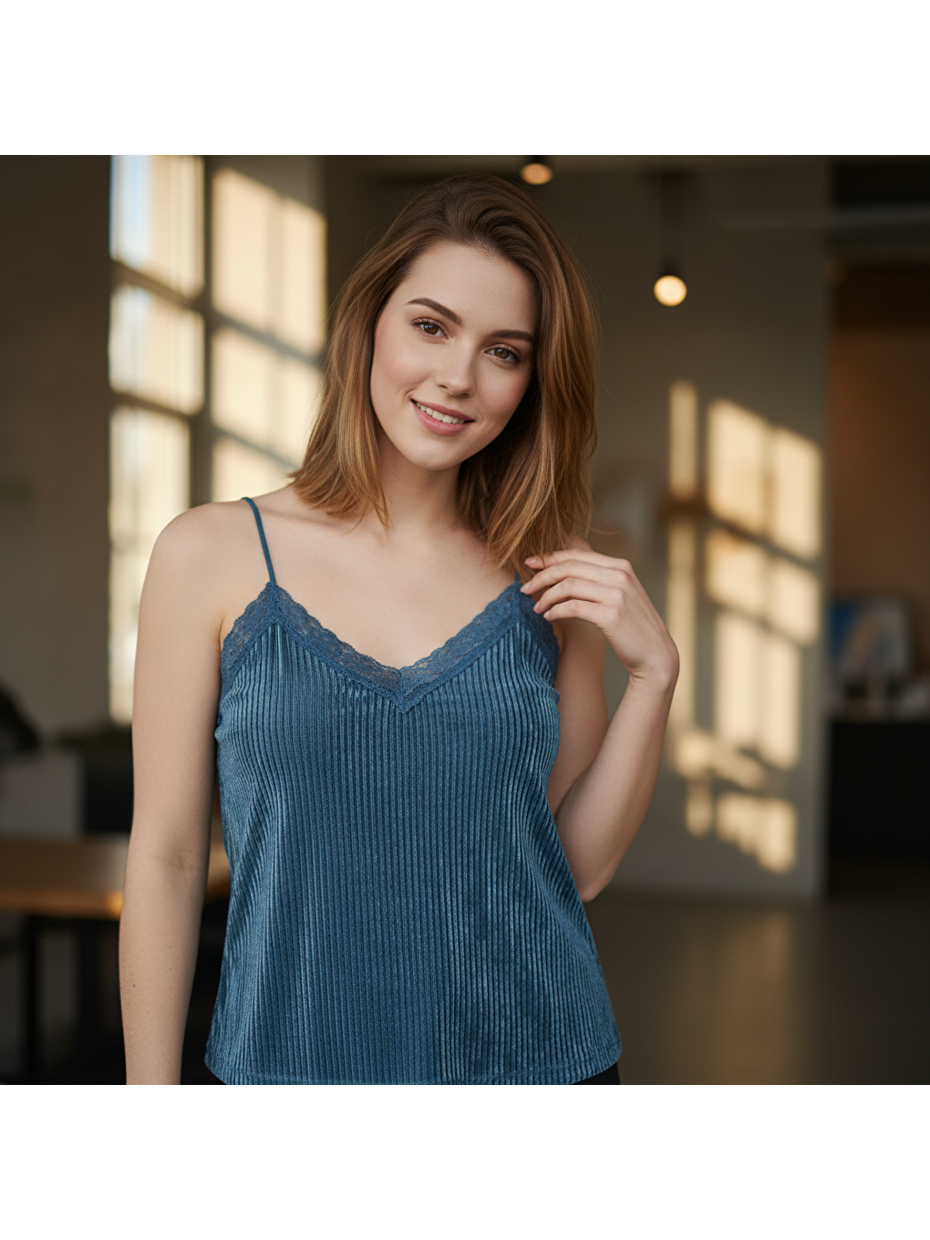 Mavi Kadın Kadife Kumaş Dantel Süslü Atlet Bb2429-1