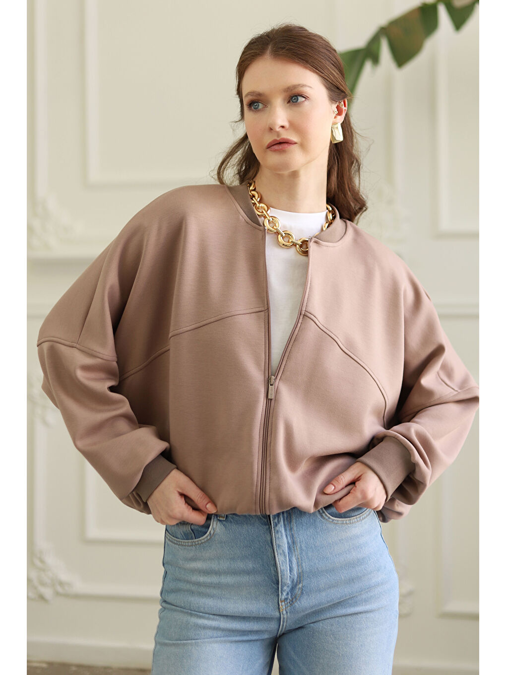 Parçalı Bomber Ceket Kum Beji