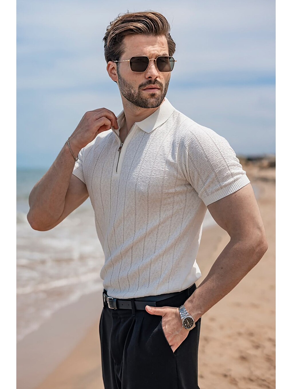 Ekru Regular Fit Polo Yaka Triko Erkek Tişört E7503