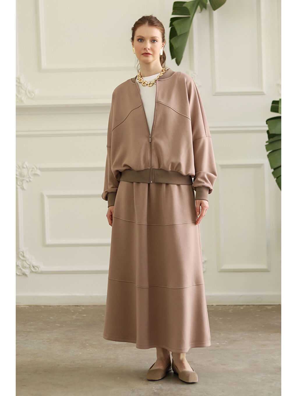 Parçalı Bomber Ceket Kum Beji-1