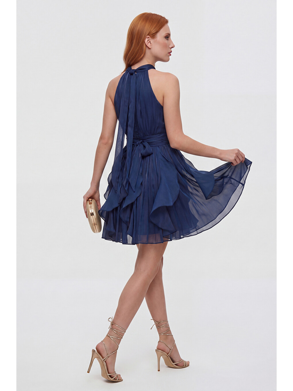 Kadın Lacivert Halter Yaka Volanlı Mini Mezuniyet Elbise-4
