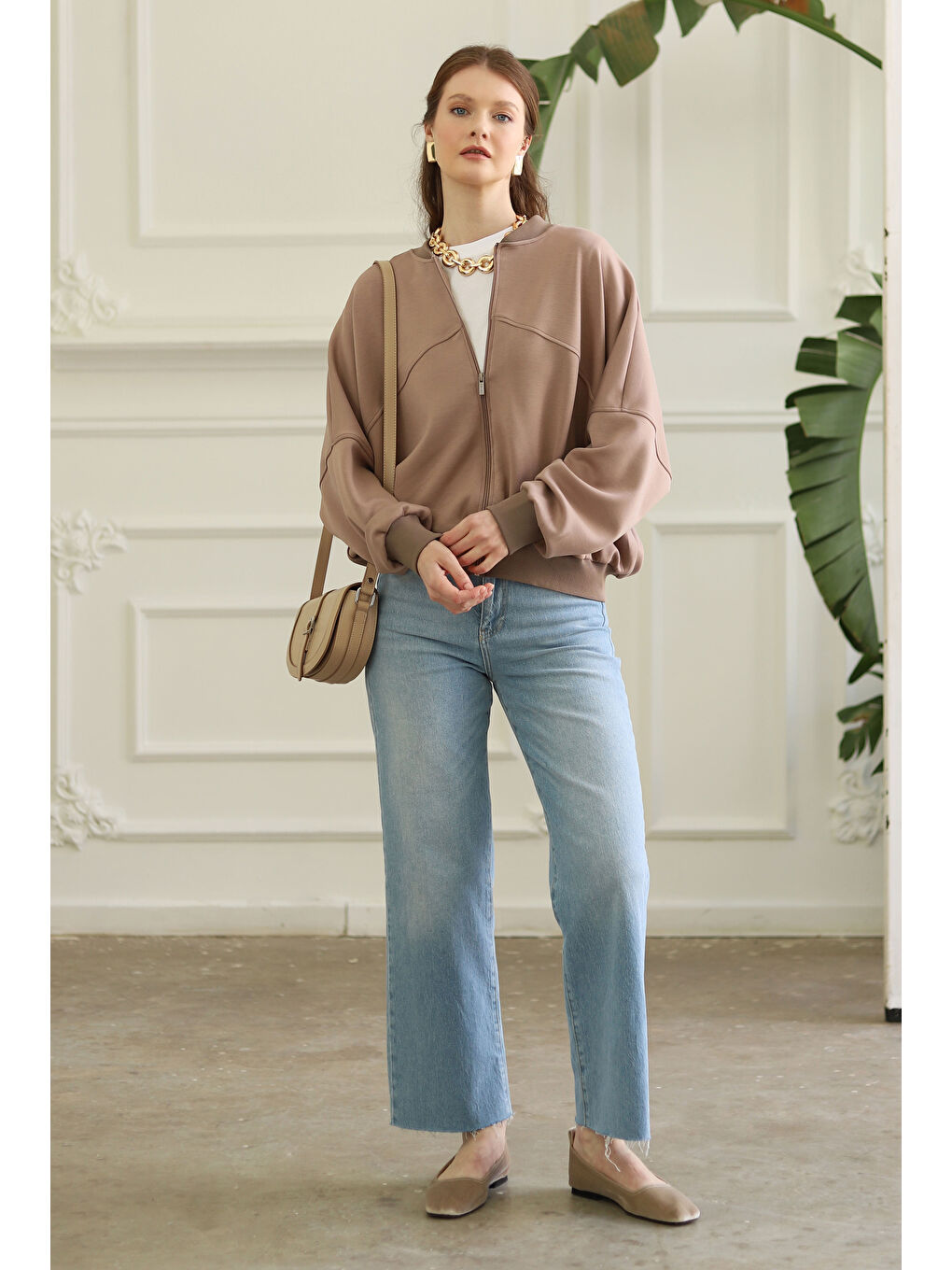 Parçalı Bomber Ceket Kum Beji-2